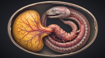 Ilustración de un embrión de serpiente curvado dentro de un huevo con una yema amarilla y vasos sanguíneos sobre fondo oscuro.