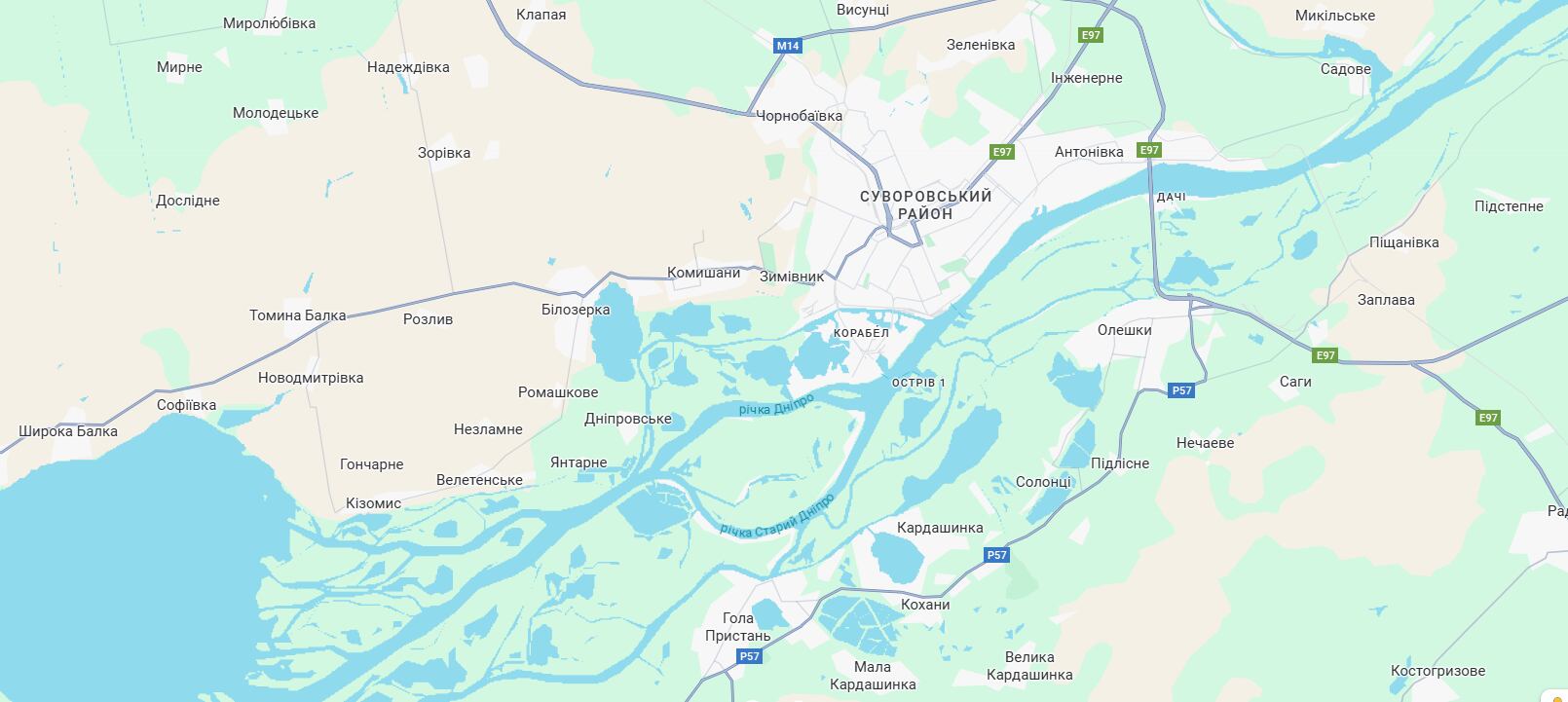 Captura de pantalla de un mapa de la zona costera de Kherson. (Victoria Balytska)