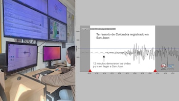 Persona sentada frente a seis monitores, uno de ellos con un gráfico de ondas sísmicas y texto que indica un terremoto de Colombia registrado en San Juan