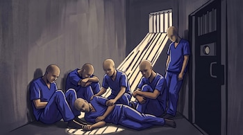 Ilustración de seis hombres sin cabello con ropa azul dentro de una celda oscura con una ventana de barrotes.