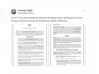 El periodista Santiago Ángel reveló la denuncia que hay en contra del gobernador de Boyacá, Carlos Amaya, por presunta doble militancia - crédito @santiagoangelp/X