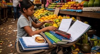 Una niña centroamericana trabaja en un puesto de frutas con mangos y naranjas; a sus pies, una mochila abierta con cuadernos, libros y un sándwich.