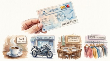Ilustración en acuarela: mano con certificado electoral, junto a viñetas de café, motocicleta, mesa de restaurante y ropa en perchas, mostrando descuentos.