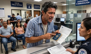 Un hombre en una oficina de inmigración señala un pasaporte cubano y un documento a una oficial; ambos tienen papeles. Detrás, hay personas sentadas esperando