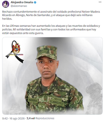 Amaranta Hank rechaza asesinato de soldado y alerta sobre aumento de ataques a la fuerza pública - crédito @aleomanao/X