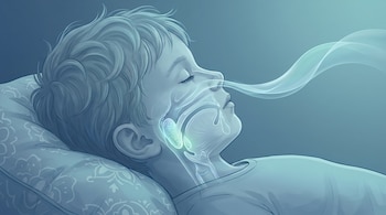 Ilustración biomédica de un niño durmiendo de perfil, con la cabeza translúcida mostrando las vías respiratorias superiores, amígdalas y adenoides, y una estela de aire saliendo de la nariz.