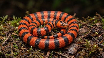 Una serpiente enroscada con franjas anaranjadas y negras reposa sobre musgo y hojas secas.