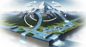 Ilustración del ciclo del agua que muestra una montaña nevada con lluvia, ríos que fluyen desde ella y se conectan a embalses y cascadas.