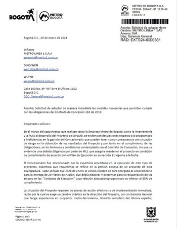 Empresa Metro de Bogotá clama