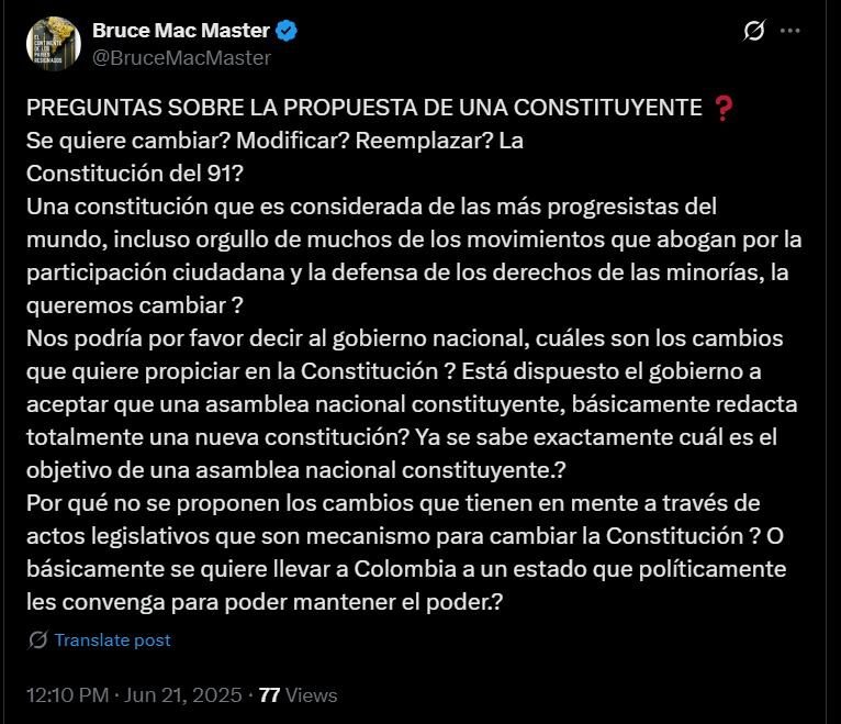 Bruce Mac Master sobre la nueva constituyente de Gustavo Petro - crédito captura de pantalla