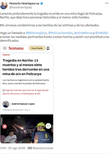 Presidente del Senado pide acciones urgentes tras accidente mortal en mina ilegal de Nariño- crédito @honohenriquez/X