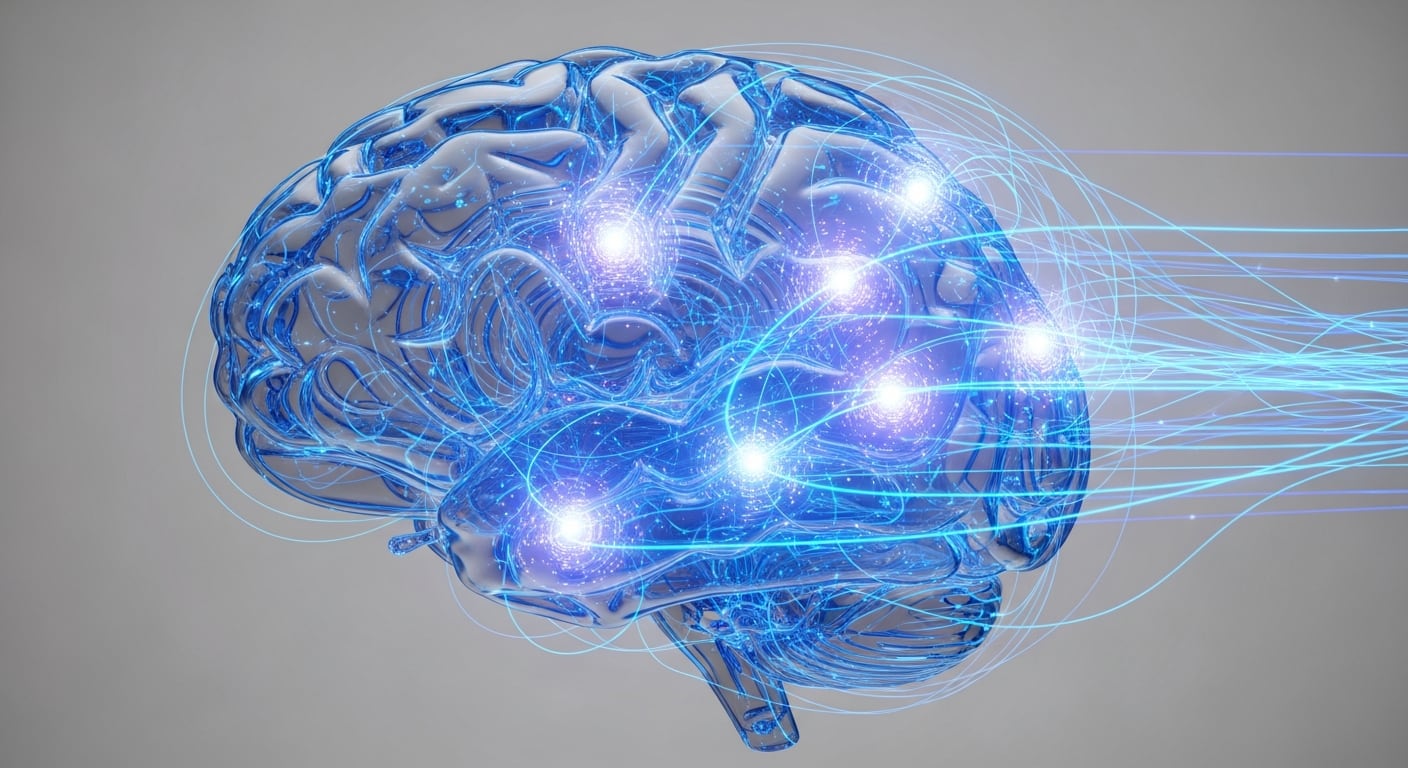 Imagen conceptual que muestra un cerebro humano digitalizado, resaltando las conexiones neuronales activas mediante luces y líneas de energía azul, ilustrando los avances en tecnología y neurociencia para el análisis y la comprensión del pensamiento y la inteligencia artificial. (Imagen Ilustrativa Infobae)