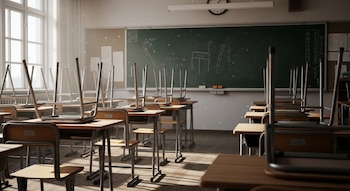 Interior de un aula vacía con hileras de pupitres de madera y sillas metálicas invertidas. Una pizarra verde con escritura y una ventana grande a la izquierda.