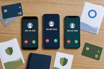Tres teléfonos inteligentes sobre una mesa de madera muestran llamadas del prefijo 500 junto a tarjetas de crédito y folletos impresos.
