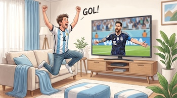 Un hombre salta y festeja un gol en la sala de su casa, con la imagen de Lionel Messi celebrando en un televisor. Hay un sofá, poufs y plantas.