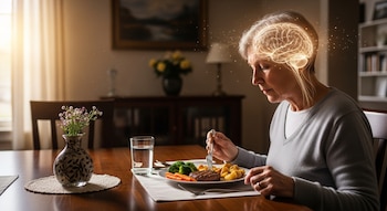 Uma mulher de 60 anos come um prato de bacon, brócolis e cenoura na mesa da sala de jantar, com a imagem de um cérebro em chamas acima de sua cabeça.