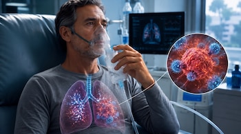 Un hombre de mediana edad sentado en una silla, usando un nebulizador. Sobre su torso se ven imágenes superpuestas de pulmones infectados y una vista ampliada de virus.