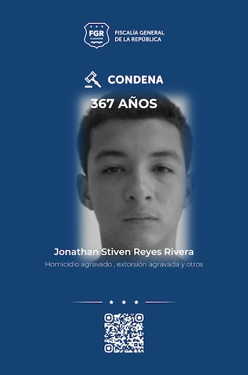 Jonathan Stiven Reyes Rivera recibió una condena de 367 años de cárcel por su participación en la clica Normandie Locos Salvatruchos. (Imagen: FGR)