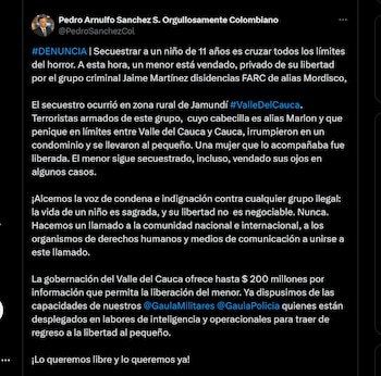 Pedro Sánchez rechazó el secuestro de un menor en Jamundí, Valle del Cauca - crédito @PedroSanchezCol/X