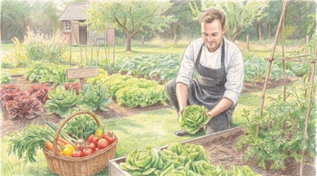 Ilustración de un chef sonriente cosechando lechugas en un huerto con varias camas de cultivo, un cobertizo, un árbol y una cesta de vegetales.