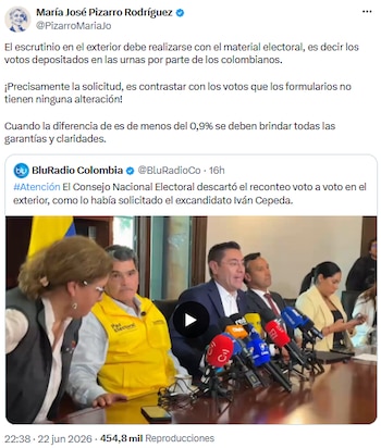 María José Pizarro pidió transparencia en el conteo de votos de colombianos fuera del país - crédito @PizarroMariaJo/X