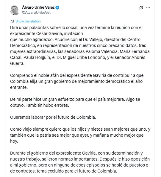 Álvaro Uribe se pronunció en sus redes mientras sostenía la reunión con Cesar Gaviria - crédito @AlvaroUribeVel/X