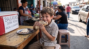 Un niño sentado a una mesa de madera come una tortilla doblada junto a un letrero de baleadas y un puesto callejero.