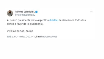 Esta fue la respuesta que ofreció Paloma Valencia tras el triunfo de Javier Milei en las elecciones presidenciales de Argentina - crédito @PalomaValenciaL/X