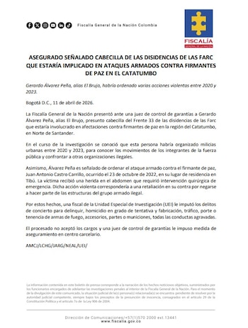 Un juez impone medida de aseguramiento a alias El Brujo por ataque a firmante de paz - crédito Fiscalía