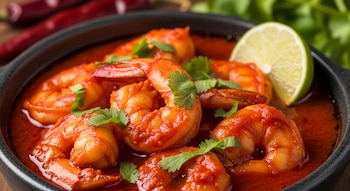 Varios camarones rojos cocidos con salsa anaranjada en un tazón oscuro, decorados con hojas de cilantro y una rodaja de limón; dos chiles al fondo.