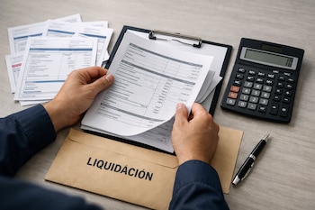 Manos sostienen documentos sobre una carpeta y varios papeles, junto a una calculadora, un bolígrafo y un sobre marrón con la palabra LIQUIDACIÓN en una mesa.