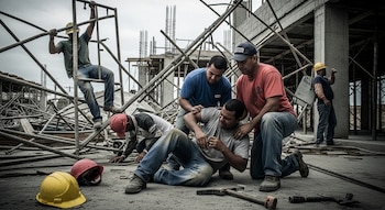 Grupo de trabajadores de construcción ayudando a un compañero caído en el suelo en una obra. Andamios y cascos de seguridad visibles.