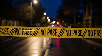 Cinta amarilla con las palabras "NO PASE" en repetidas ocasiones, en un primer plano de una calle con luces borrosas de noche.