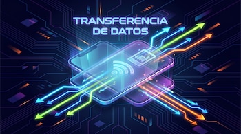 Dos smartphones con flechas luminosas de colores que indican flujo de datos entre iconos de WiFi y datos móviles, sobre fondo tecnológico oscuro. Texto: 'TRANSFERENCIA DE DATOS'.