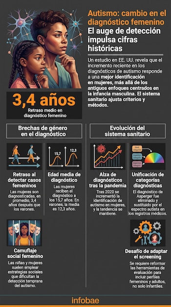 Infografía vertical con la ilustración de dos mujeres, gráficos de líneas, diagramas de barras y bloques de texto organizados en secciones.