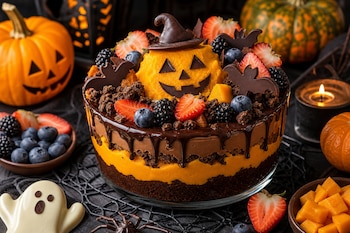 Pastel con capas de chocolate y crema de calabaza, decorado con fresas, moras, arándanos, murciélagos de chocolate y calabazas decorativas.