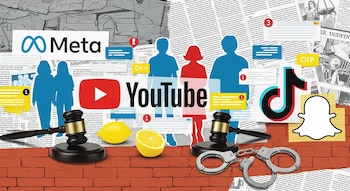 Collage editorial con logos de Meta, YouTube, TikTok y Snapchat sobre periódicos y documentos, con mazos de juez, esposas, limones, siluetas de personas y chats.