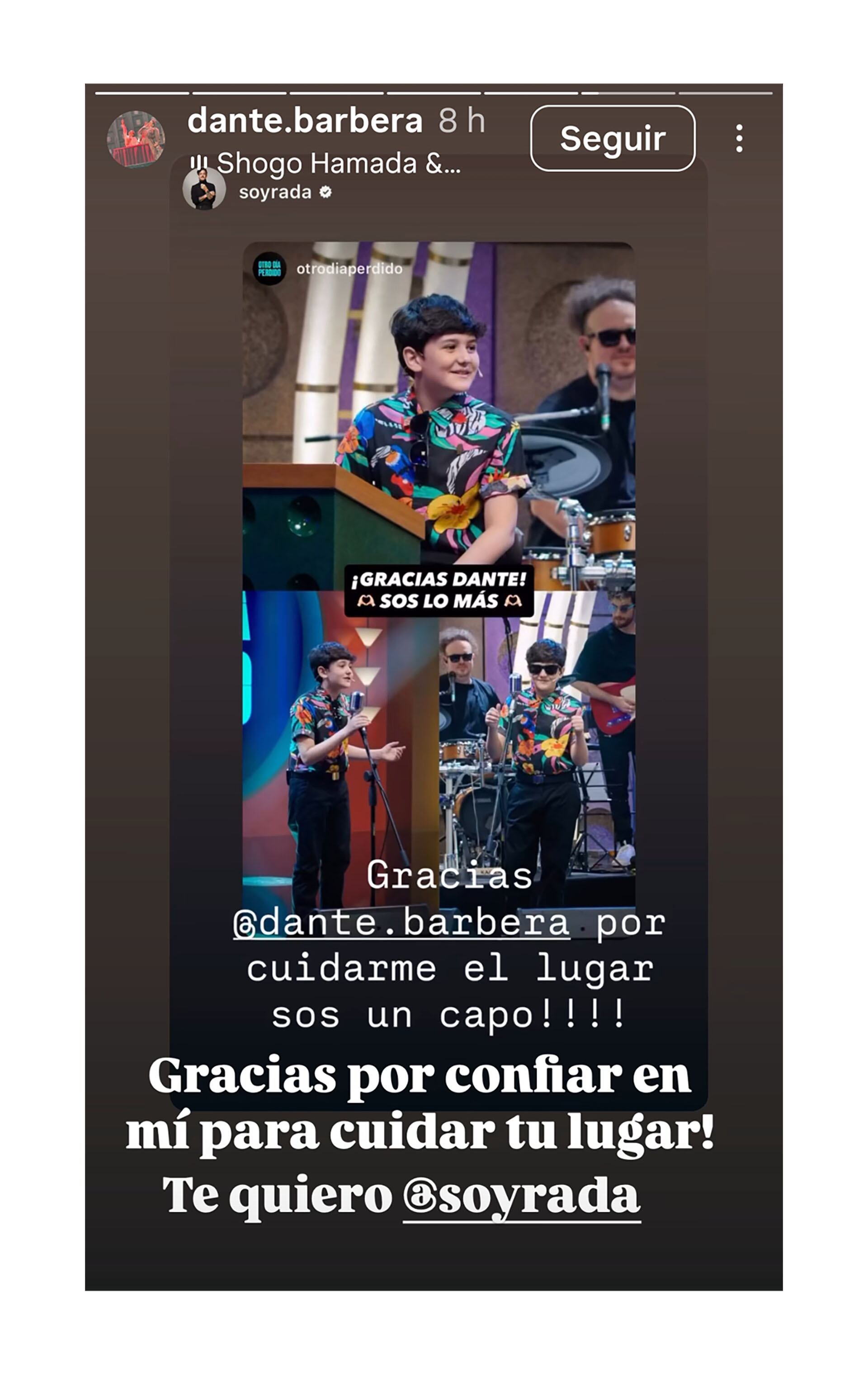 Dante Bárbera agradece a Rada la posibilidad de estar en su lugar (Instagram)