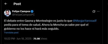 Felipe Campos mencionó a Margarita Rosa de Francisco en una publicación en la que hablaba del debate - crédito @FelipeCamposPC