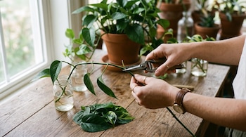 Manos que cortan el tallo de una planta con tijeras sobre una mesa de madera, junto a hojas sueltas, frascos con agua y macetas de barro.