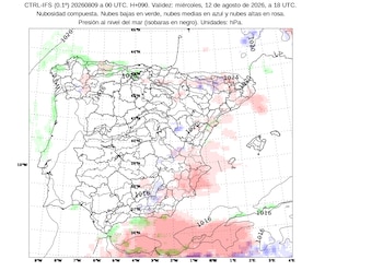 Las predicciones de nubosidad para el 12 de agosto de 2026. (Aemet)