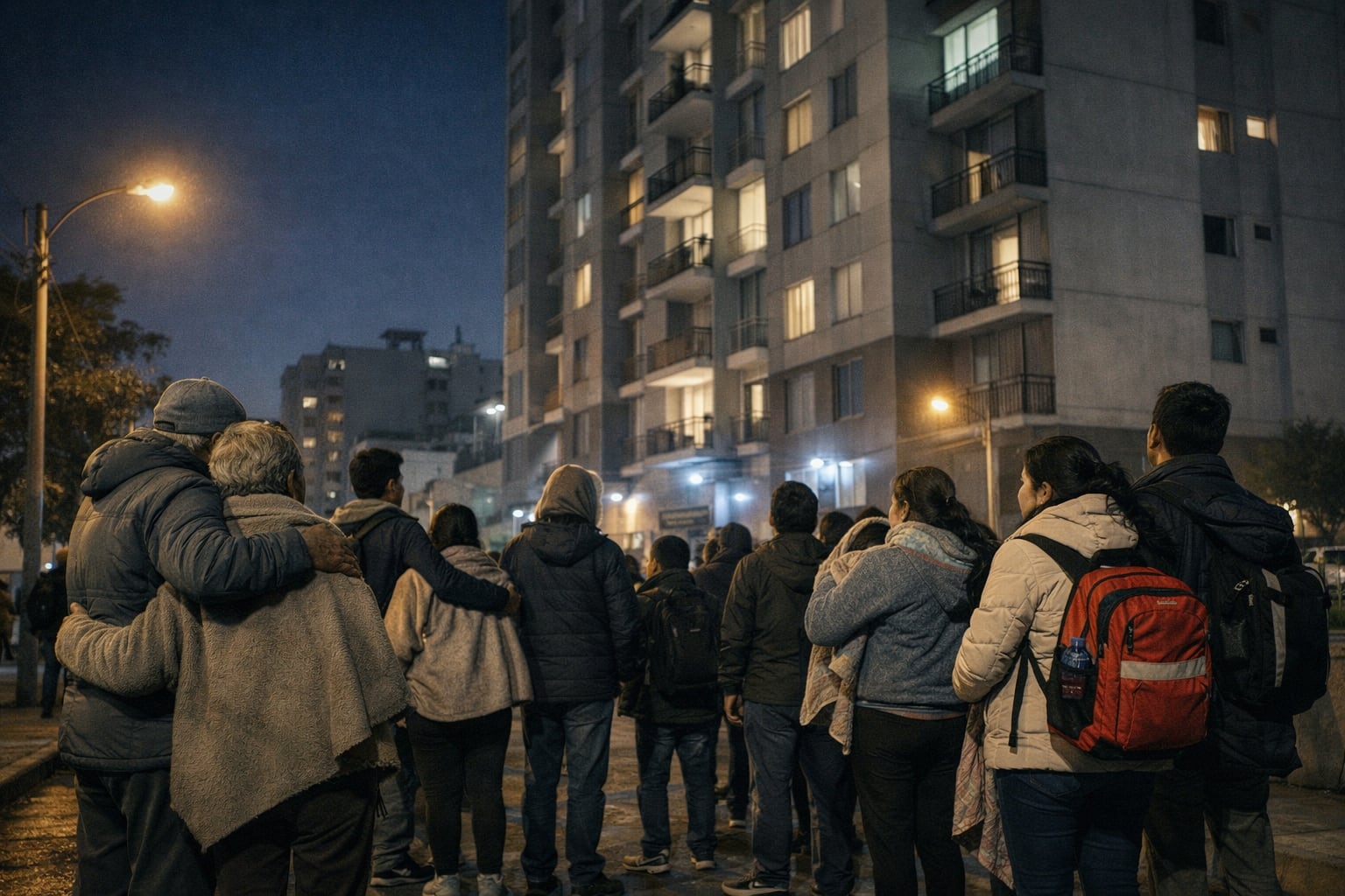 Un grupo de vecinos de Lima permanece reunido en la calle durante una evacuación nocturna después de un sismo, frente a un edificio residencial iluminado. (Imagen Ilustrativa Infobae)