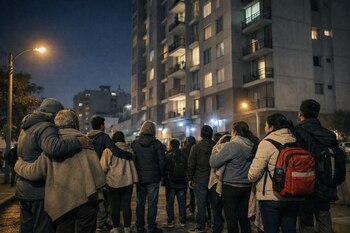 Personas de pie en la calle de noche, mirando un edificio residencial alto. Hay farolas encendidas, algunas personas llevan mochilas y ropa de abrigo.