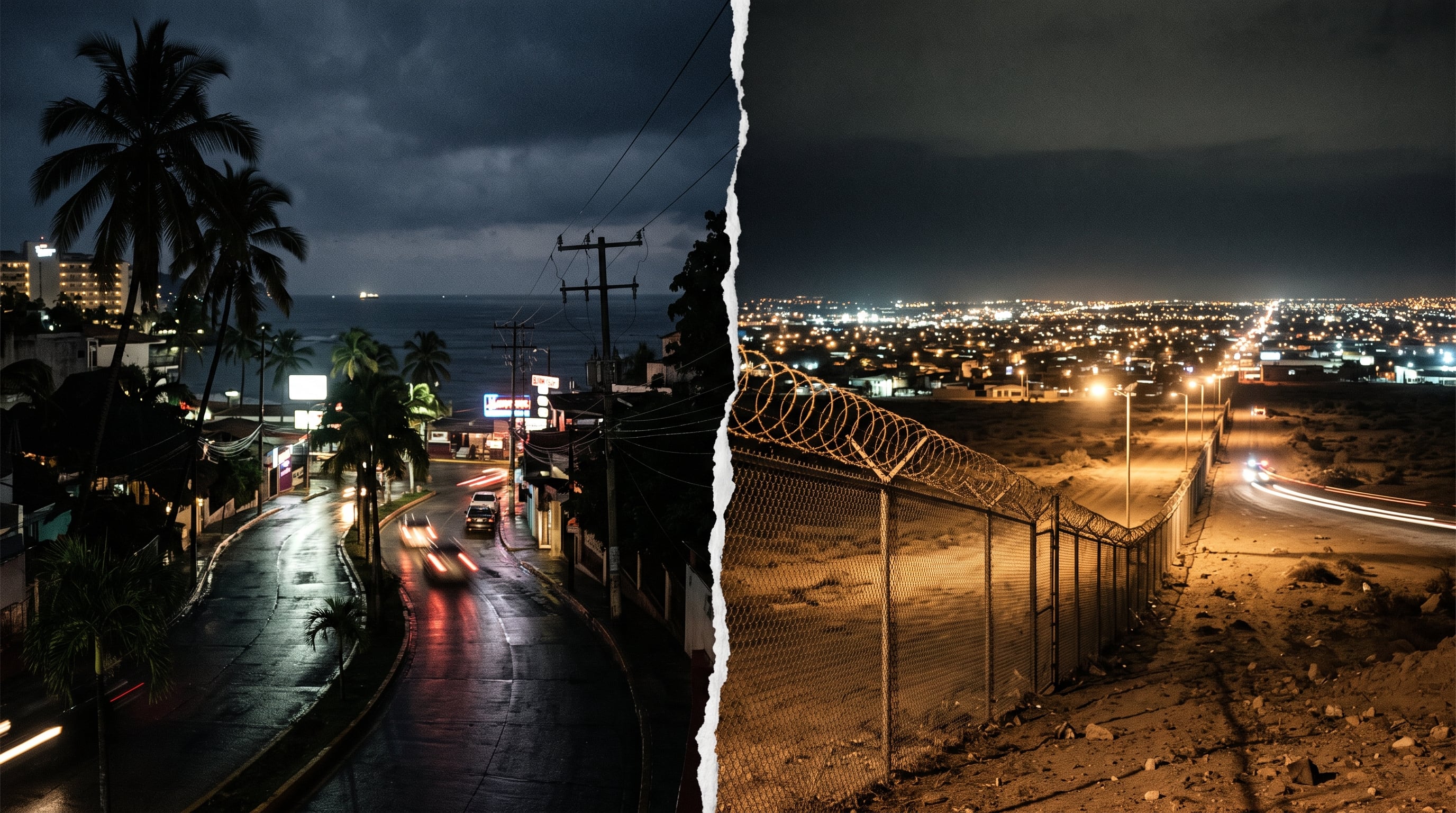 Una composición dividida contrapone una calle iluminada en la costa de Acapulco con la valla de seguridad en Mexicali durante la noche. (Imagen Ilustrativa Infobae)