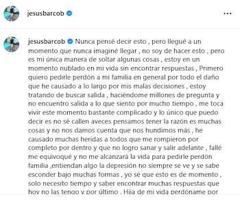 Jesús Barco conmueve con mensaje sobre salud mental: “Estoy nublado y no encuentro respuestas, perdón familia”