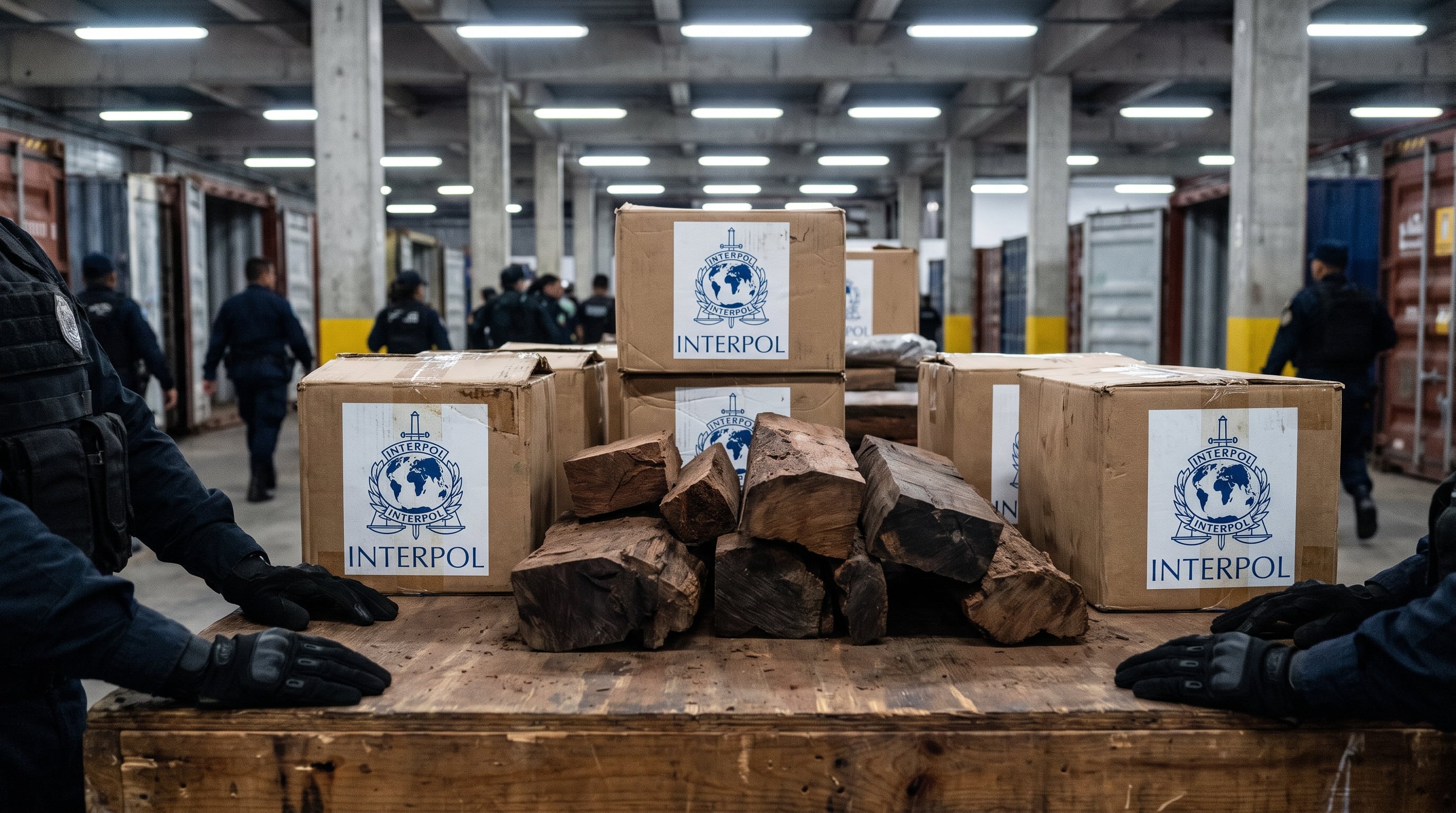 Agentes exhiben madera decomisada y cajas etiquetadas por Interpol en un almacén portuario centroamericano. (Imagen Ilustrativa Infobae)