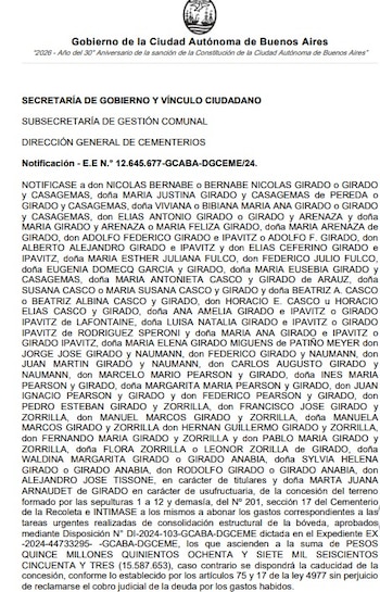 Documento oficial del Gobierno de la Ciudad Autónoma de Buenos Aires. Notificación de la Dirección General de Cementerios por deuda de 15.587.653 pesos