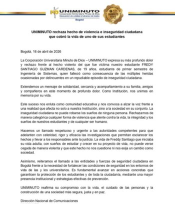 Comunicado oficial Uniminuto - crédito Uniminuto