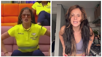 Imagen dividida de Gala Montes: a la izquierda viste una camiseta amarilla con gafas de sol y a la derecha lleva una prenda deportiva gris.