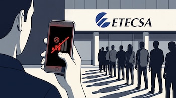 Mano sosteniendo un teléfono inteligente con pantalla sin señal frente a un edificio con el logo de ETECSA y personas en fila.